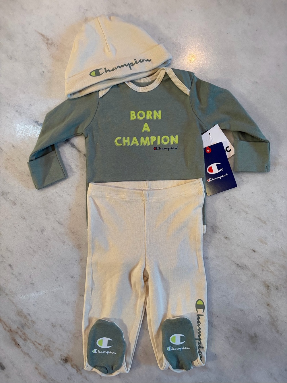 Champion Green and Cream "Born a Champion" Baby One-Piece Set